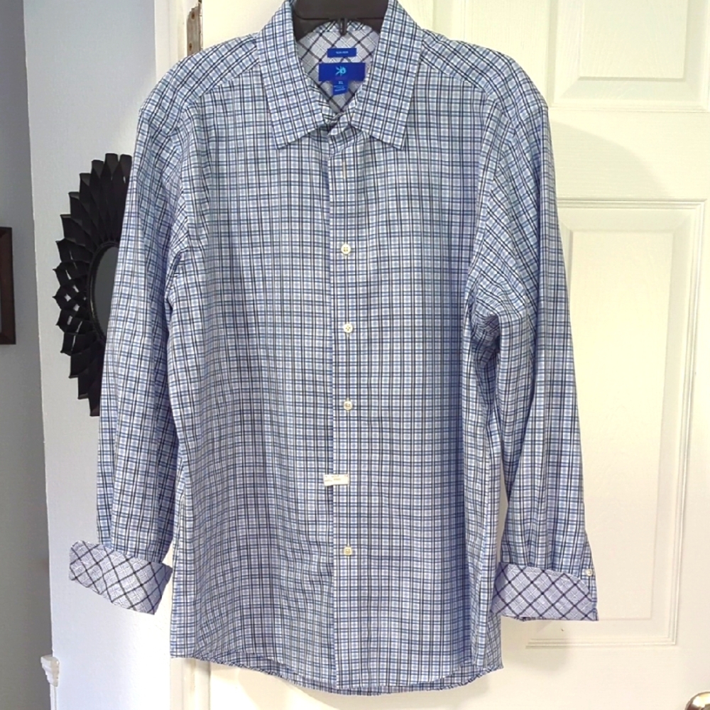 EUC Egara No Iron Men's Blue Checkered Long Sleeve Button Down XL Shirt
